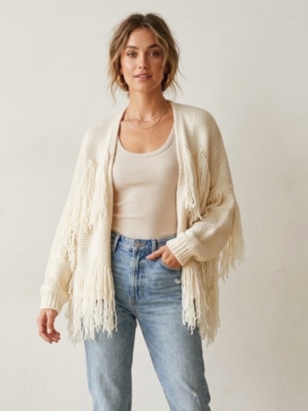 Vici Cream Fringe Open-Front Knit Cardigan